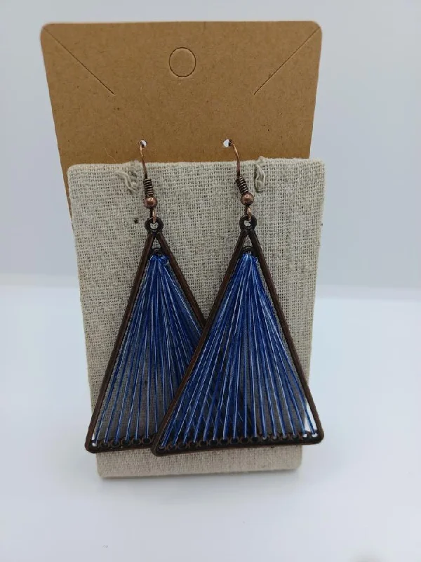 women’s bridal earrings -Brass Triangle Shaped Earrings w/ Blue Threaded Detail