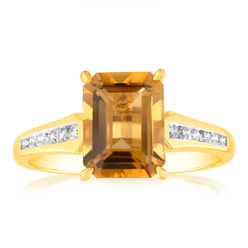 gold engagement rings for women -9ct Yellow Gold Citrine Emerald Cut Amethyst and Channel Set Diamond Ring