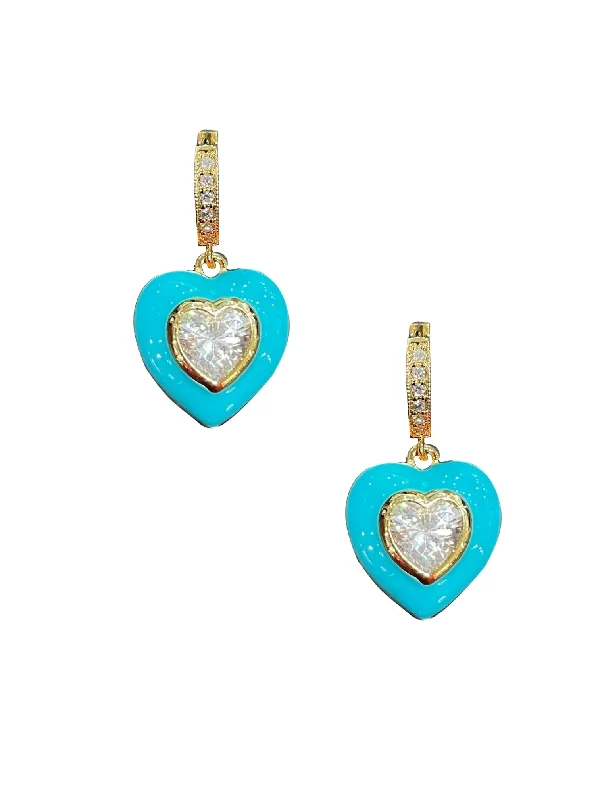 women’s cuff earrings -Turquoise Enamel Bezel Heart Huggies