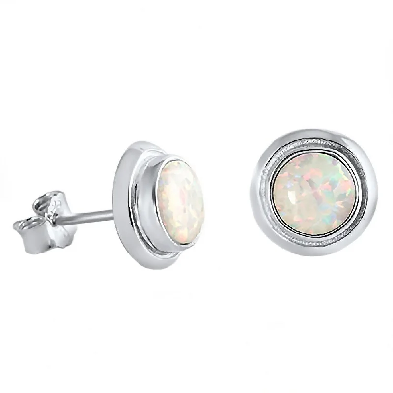 women’s boho earrings -Loretta: 8mm Cabochon cut Australian White Opal Bezel Stud Earrings