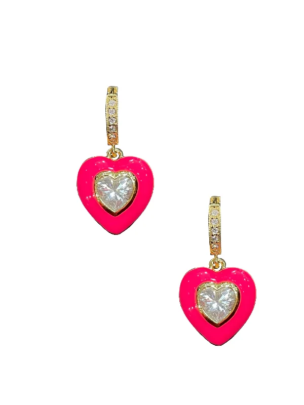 unique hoop earrings for women -Pink Enamel Bezel Heart Huggies