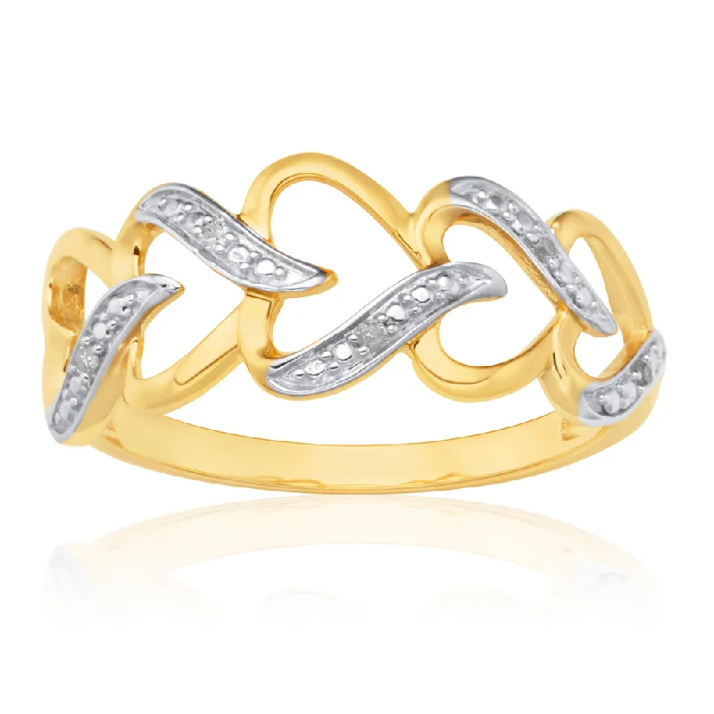 women’s diamond halo engagement rings -9ct Yellow Gold  Carat Interlocking Heart Diamond Ring with 5 Diamonds