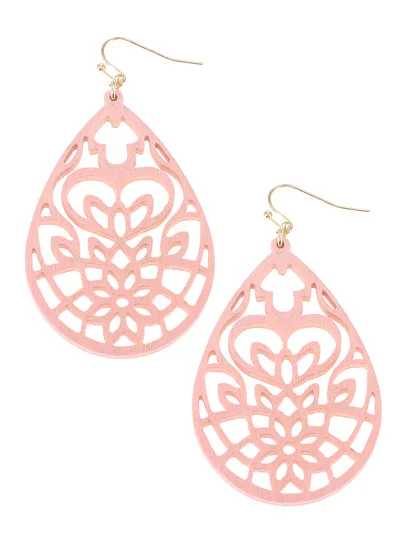 women’s moonstone earrings -Pink Filigree Wooden Earrings