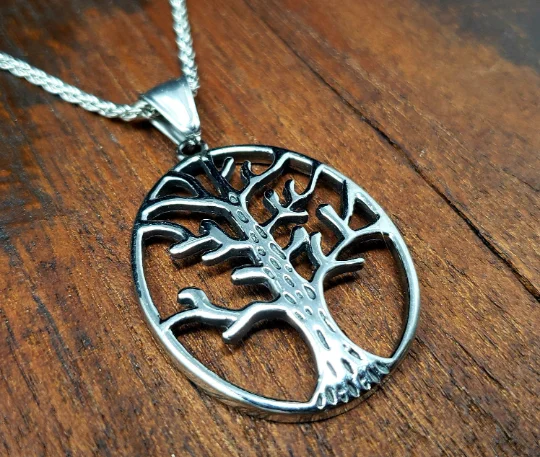 bridal statement necklaces -Steel Tree of Life Pendant