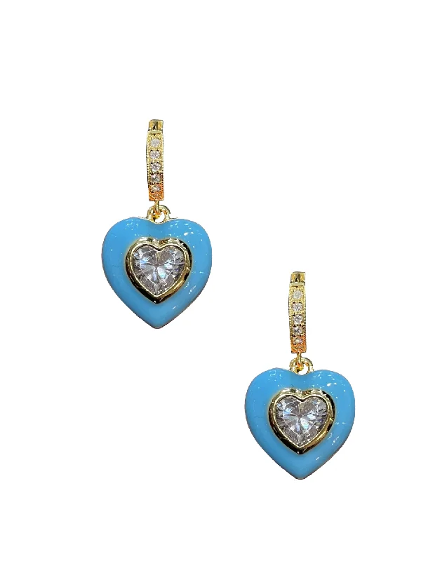 women’s crystal drop earrings -Blue Enamel Bezel Heart Huggies