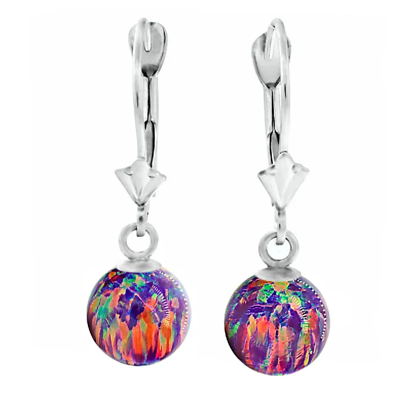 women’s pearl earrings -Elizabeth: Royal Lavender Created Australian Opal Ball Drop Leverback Earrings 14K White Gold