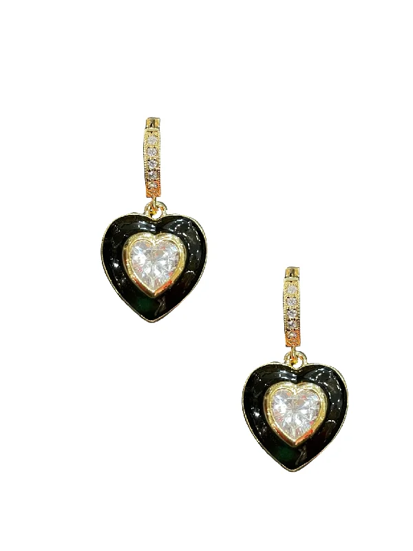 women’s art deco earrings -Black Enamel Bezel Heart Huggies