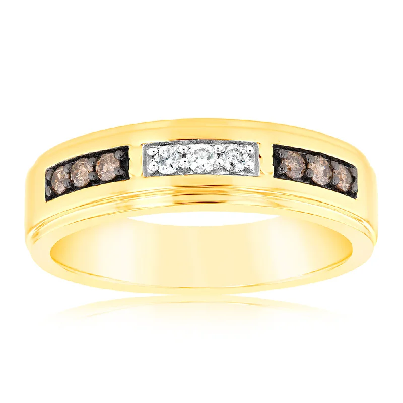 affordable engagement ring sets -9ct Yellow Gold 1/4 Carat Diamond Ring with White and Champagne Diamonds