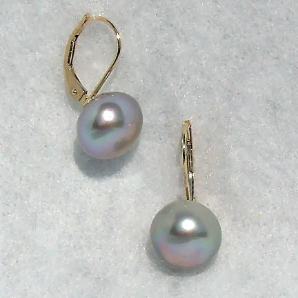 women’s vintage gold earrings -10mm Cultured Gray Pearl Cup Leverback Earrings 14K Gold