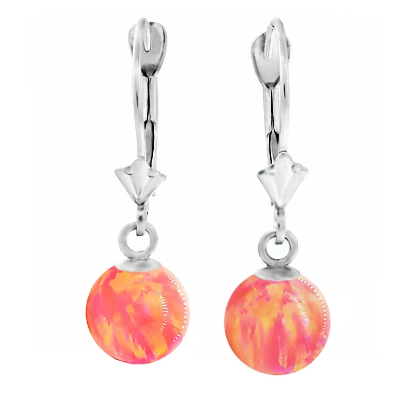 women’s boho earrings -Cala: Deep Sea Coral Created Australian Opal Ball Drop Leverback Earrings 14K White Gold