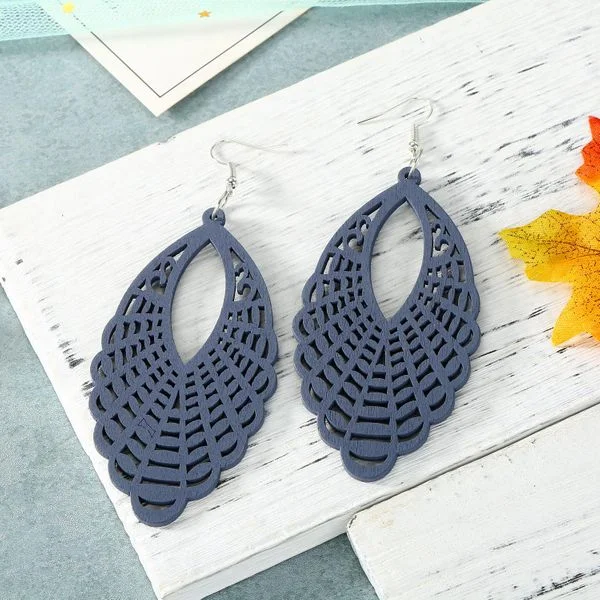 women’s gold earrings -Blue Wooden Cutout Earrings