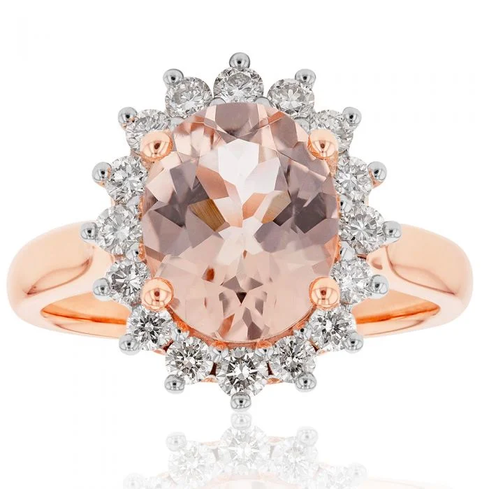 women’s yellow diamond engagement rings -9ct Rose Gold 2.30ct Morganite and 1/2 Carat Diamond Ring