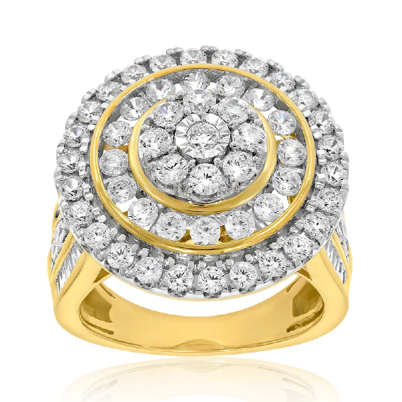 women’s platinum engagement rings -9ct Yellow Gold 3 Carat Diamond Ring with Brilliant and Tapered Baguette Diamonds