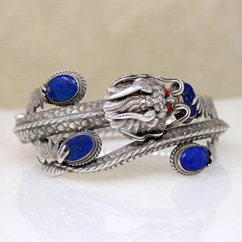 colorful bangles for women -Sinuous Sterling Chinese Dragon Bangle with Lapis & Coral