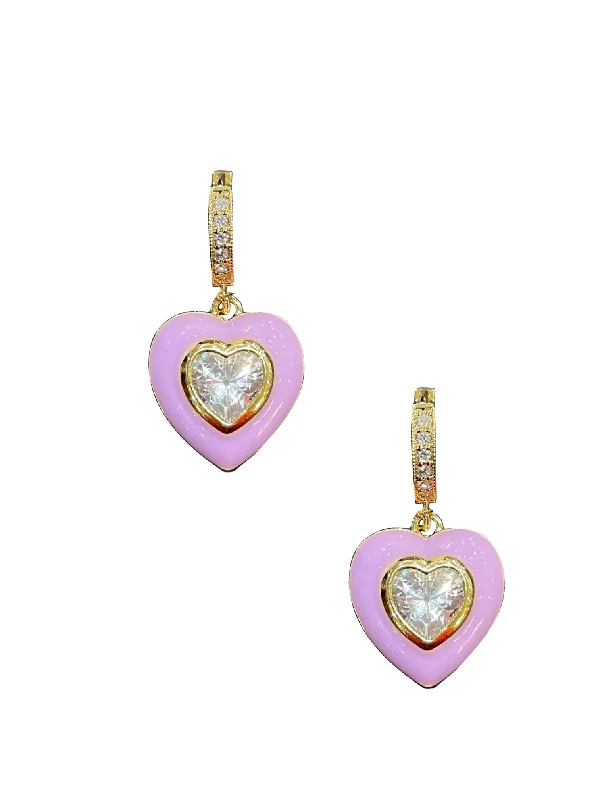 women’s gemstone stud earrings -Purple Enamel Bezel Heart Huggies