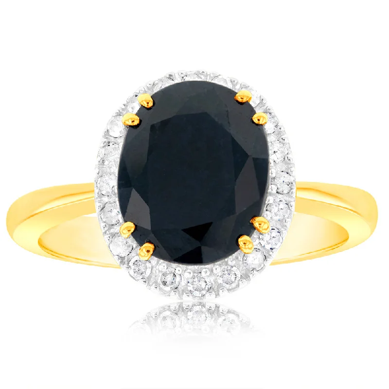 elegant engagement rings for women -9ct Yellow Gold 8X10mm Oval Cut Natural Sapphire and Diamond Ring