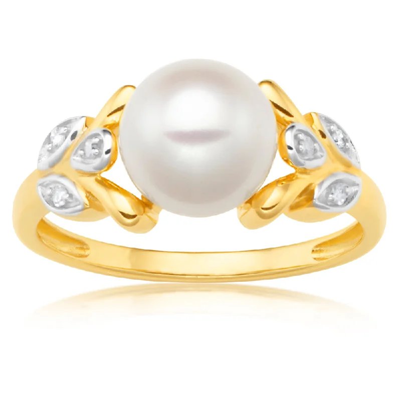 halo diamond engagement rings -9ct Yellow Gold Freshwater Pearl and Leaf Pattern Diamond Ring