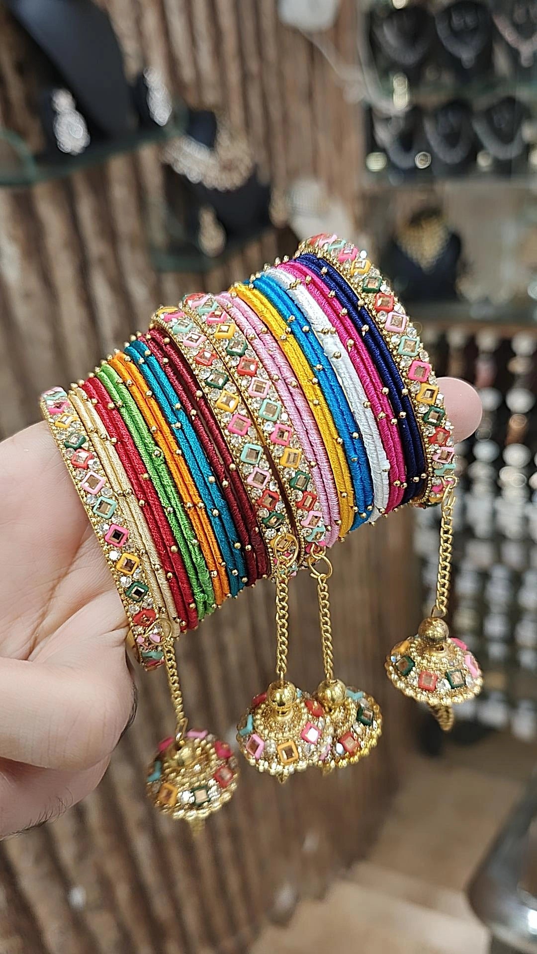 trendy cuff bracelets for women -Multicolor Thread Indian Bangles Bollywood Inspired Gold Tassels Stone Work