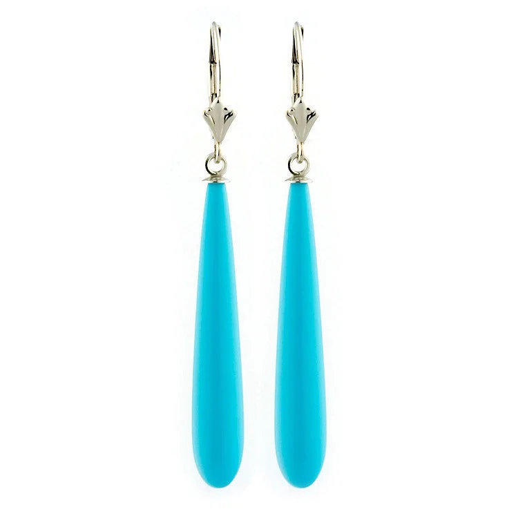 women’s large drop earrings -35mm Turquoise Teardrop Leverback Earrings 14K White Gold