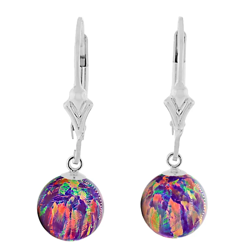 unique earrings for women -Elizabeth: Royal Lavender Created Australian Opal Ball Drop Leverback Earrings 925 Sterling Silver