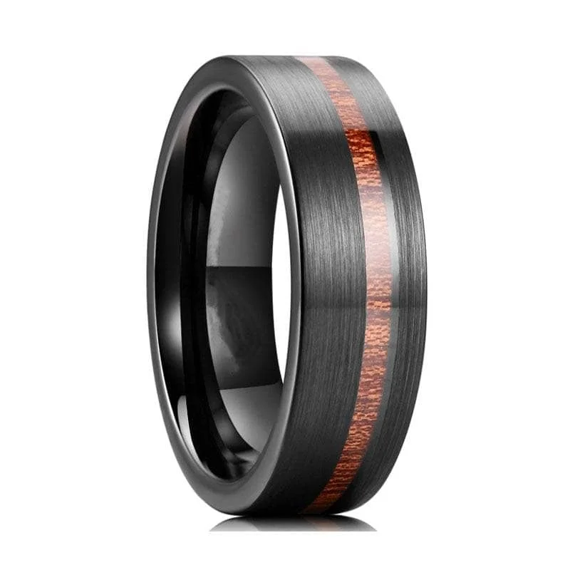 women’s promise rings -Black Tungsten Carbide Wedding Band with Nature Wood Inlay