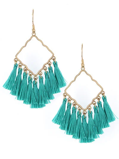 women’s pearl earrings -Gold Diamond Shaped Earrings w/ Teal Tassels