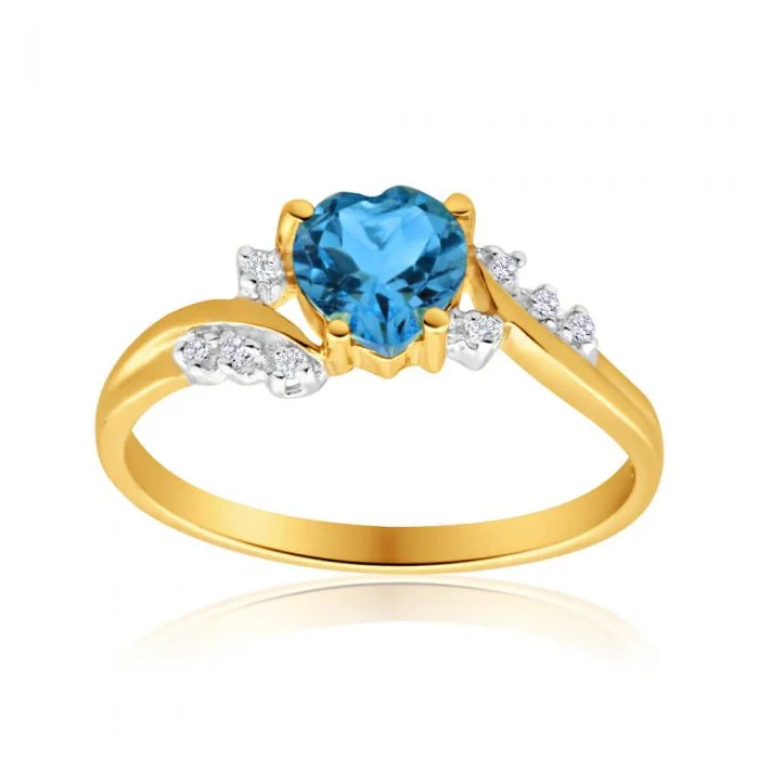 women’s alternative engagement rings -9ct Yellow Gold Heart Blue Topaz + 8 Diamond Ring