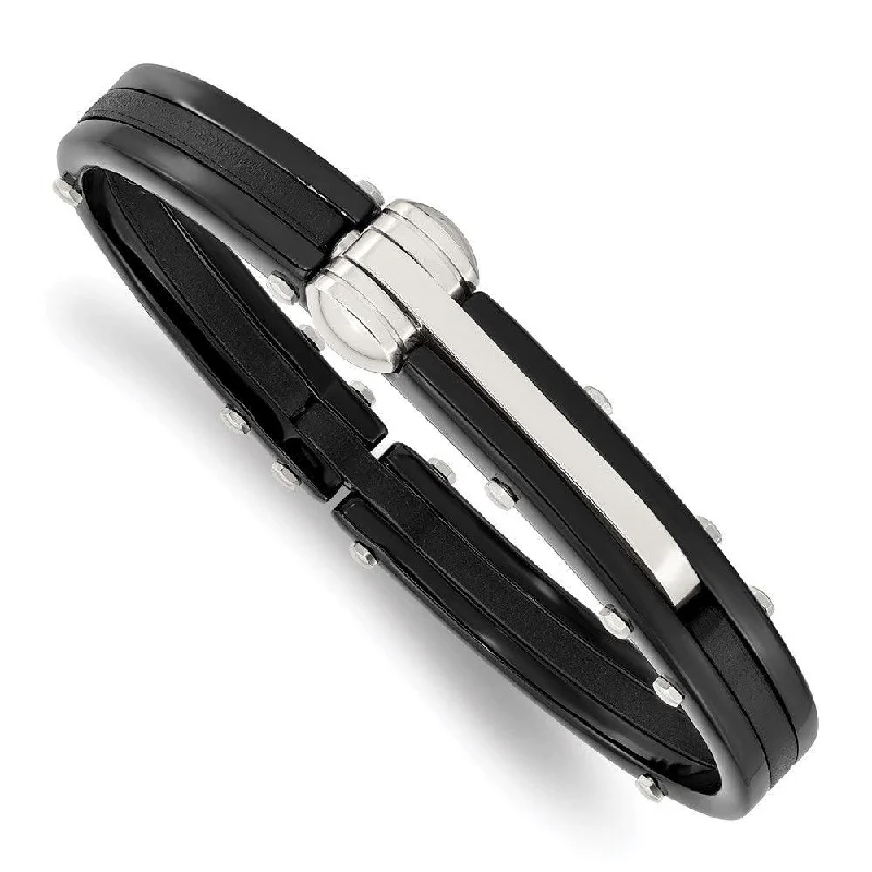 women’s stacked bracelets -Stainless Steel Black PVC and Black IP-plated Hinged Bangle