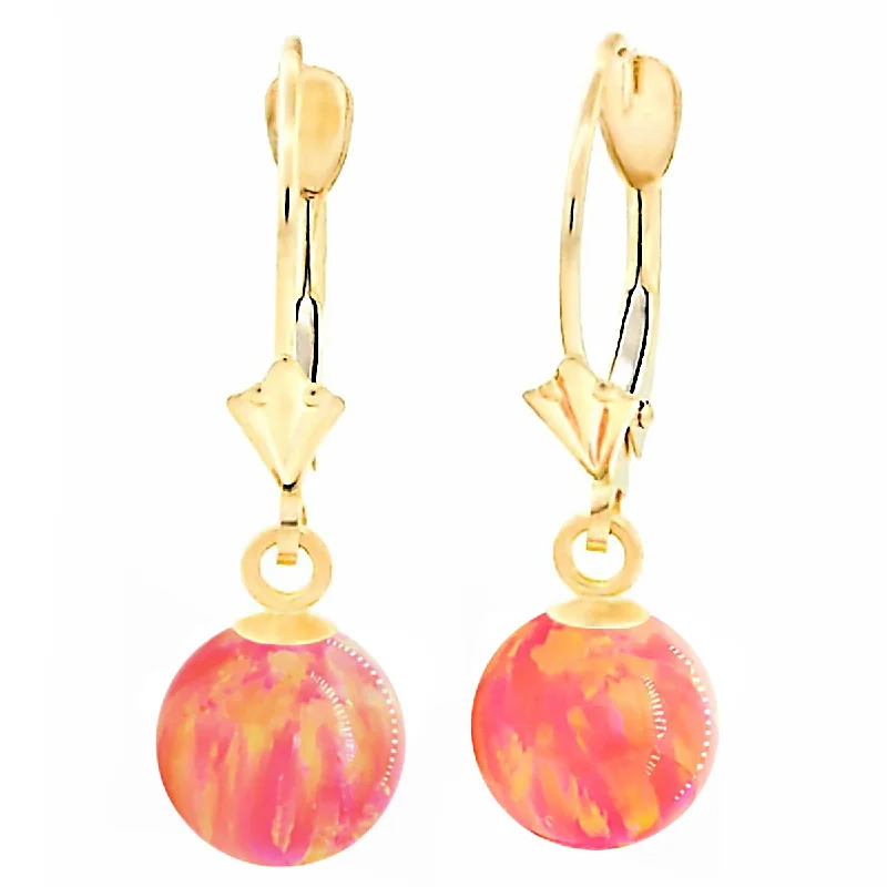 trendy hoop earrings for women -Cala: Deep Sea Coral Created Australian Opal Ball Drop Leverback Earrings 14K Yellow Gold