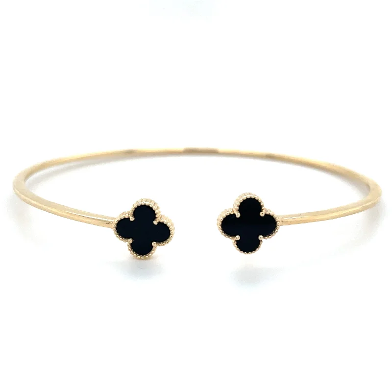 women’s charm bracelets -9ct Yellow Gold Black Onyx Clover Bangle