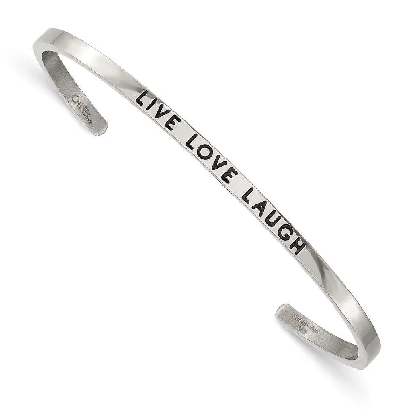 crystal bangles for women -Stainless Steel Polished Enamel/Crystal LIVE LOVE LAUGH 3mm Cuff Bangle