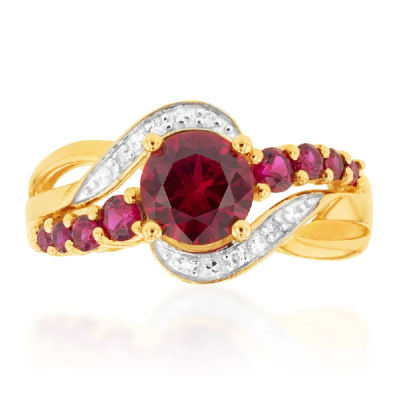 women’s simple engagement rings -9ct Yellow Gold Created Ruby and 0.15 Carat Diamond Ring