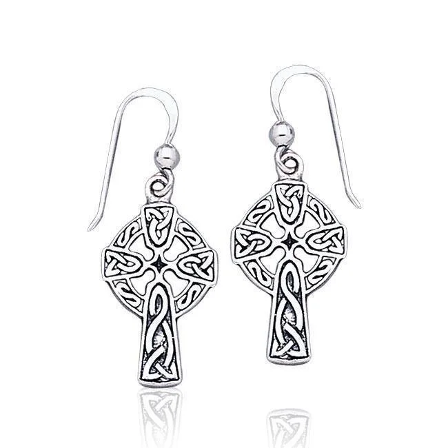 women’s large drop earrings -Celtic Knotwork with Celtic Cross Sterling Silver Earrings TE1019