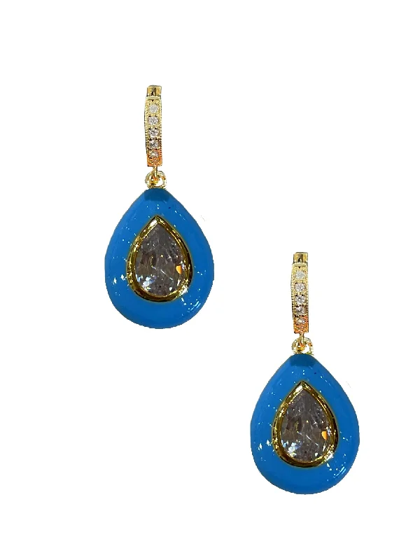 luxury diamond earrings for women -Blue Enamel Bezel Teardrop Huggies