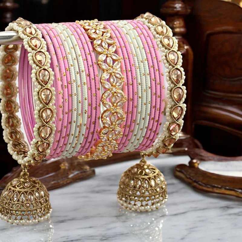 trendy charm bracelets for women -Pink Pearl Wedding Bangle Chura Jhumki Set, Pink Jewellery Set, Pink Bangles Jhumki Set, Bridal Pearl Jewelry Set, Wedding Kundan Jewellery