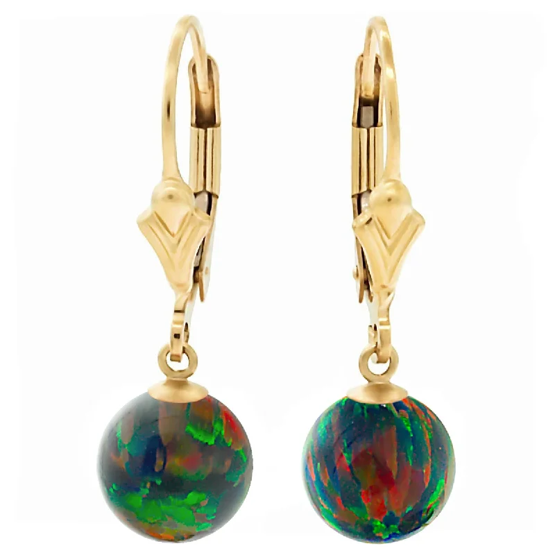 women’s long earrings -Aurora: Black Created Australian Opal Ball Drop Leverback Earrings 14-20 Gold Filled