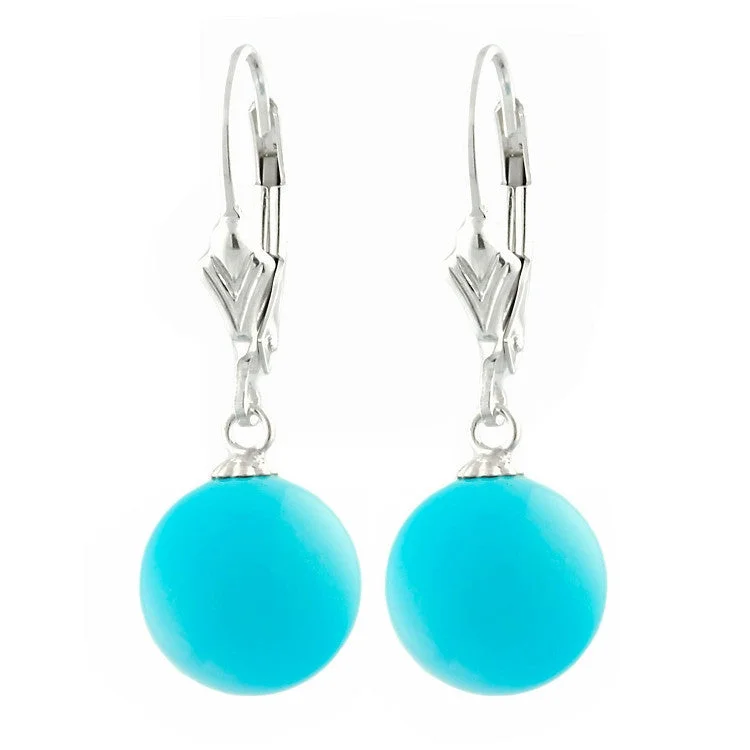 trendy earrings for women -8mm Sleeping Beauty Turquoise Ball Leverback Earrings 925 Silver