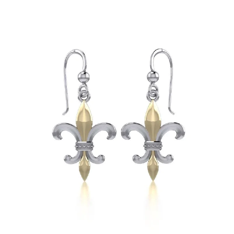 trendy stud earrings for women -Brilliant symbolism in Fleur-de-Lis ~ Sterling Silver Jewelry Hook Earrings with 14k Gold accent MER117