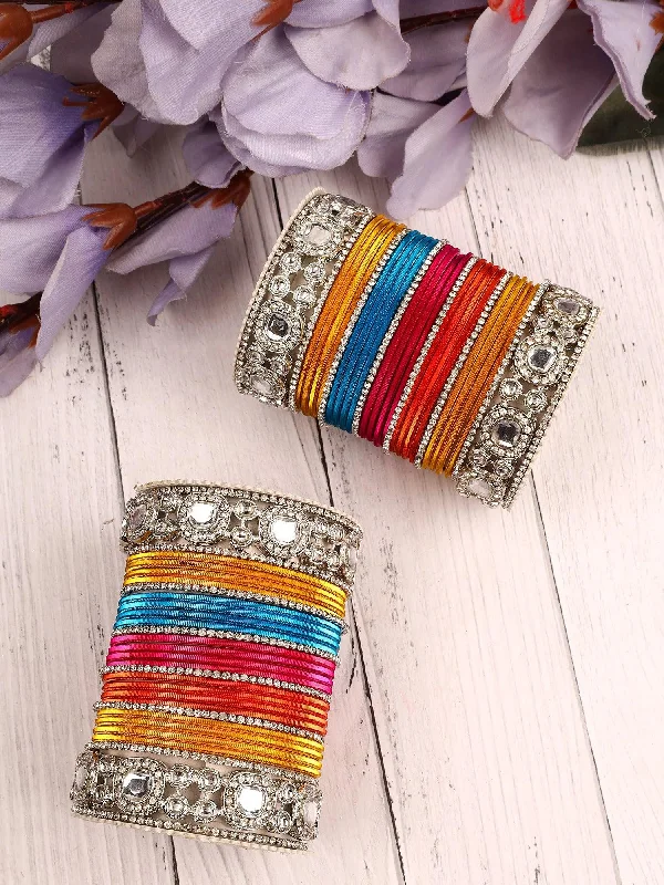 women’s friendship bangles -Bollywood Multicolor Silver Kundan Bangle Set