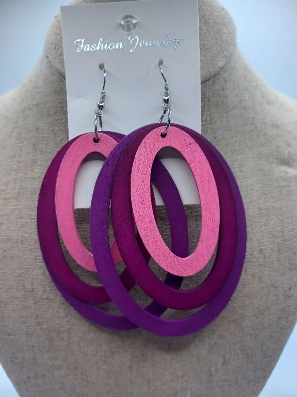 women’s multi-chain earrings -Triple Layered Pink & Purple Oval Wooden Earrings