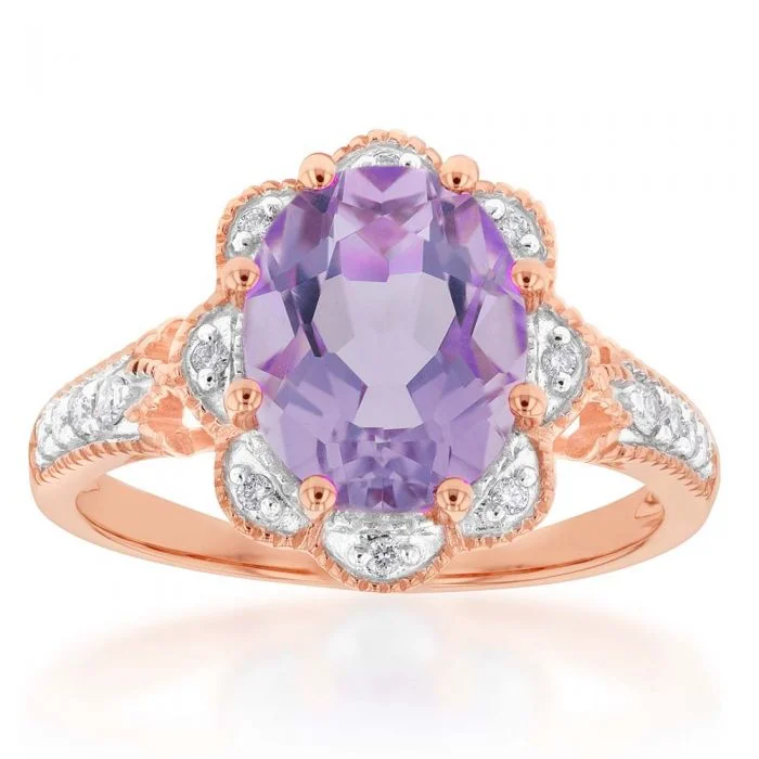 women’s emerald engagement rings -9ct Rose Gold 2.40ct Amethyst and 1/10 Carat Diamond Ring