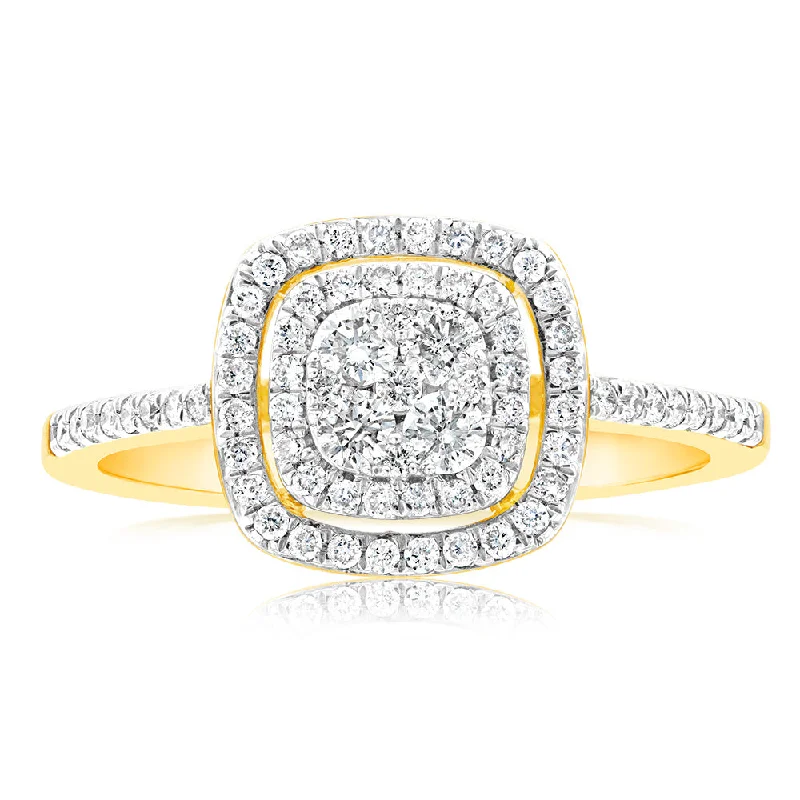 radiant cut engagement rings for women -9ct Yellow Gold 1/2 Carat Diamond Ring Set With 73 Brilliant Cut Diamonds