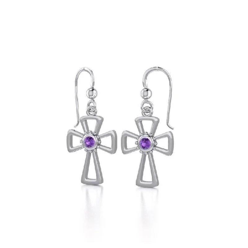 designer earrings for women -Cross Sterling Silver Earrings with Gemstone TE1150