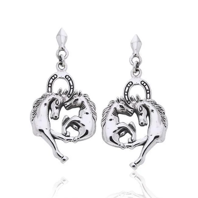 silver drop earrings for women -Horses Horseshoe Sterling Silver Post Earrings TE2707