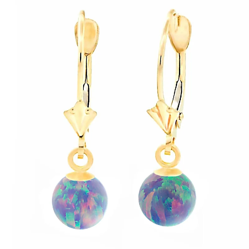 fashion earrings for women -Norah: Lavender Created Australian Opal Ball Drop Leverback Earrings 14K Yellow Gold