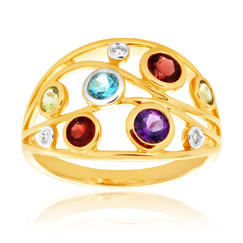 rose gold engagement rings for women -9ct Yellow Gold Multi Gemstone & Diamond Ring