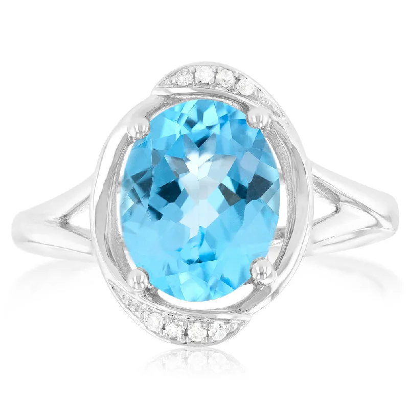 women’s engagement rings with pearls -9ct White Gold Natural Blue Topaz And Diamond Ring