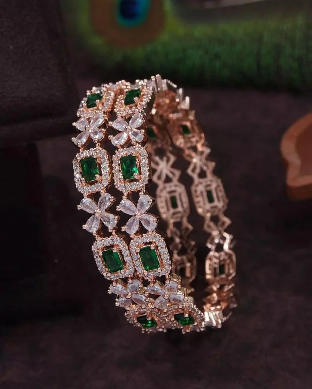 women’s beaded bracelets -Indian Rose Gold Finish American Diamond CZ Bangles, CZ stone bangles, Indian wedding {Set Of 2} Emerald Octagon White Pear & CZ Round Stone