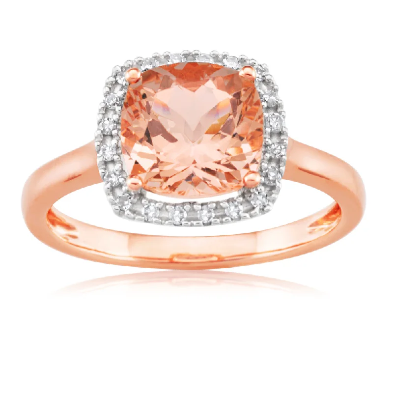 diamond engagement rings for women -9ct Rose Gold 8mm 2.00 Carat Cushion Cut Morganite and 0.10 Carat Diamond Ring