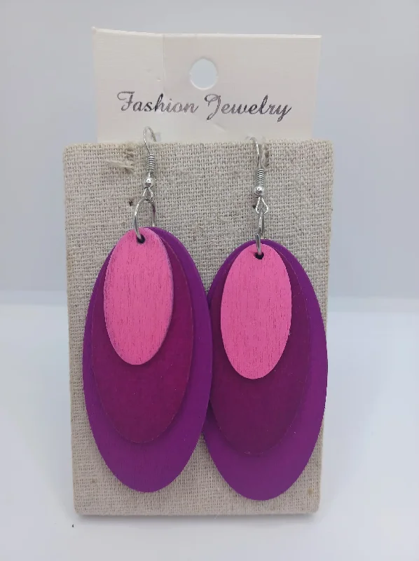 women’s feather earrings -Triple Layered Pink & Purple Wooden Oval Shaped Earrings